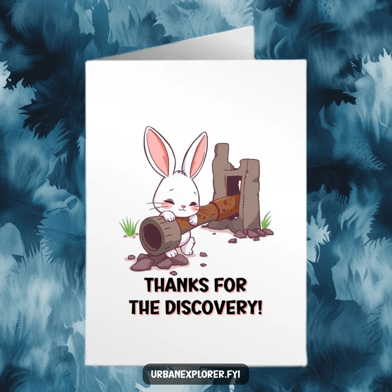 Funny Free Printable Thank You Card: Curious bunny intently examining a rusty, abandoned-looking pipe, a symbol of deep thought.