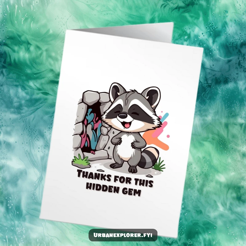Funny Free Printable Raccoon Thank You Card, a giggling raccoon discovers street art, expressing thanks with a cool vibe, downloadable.