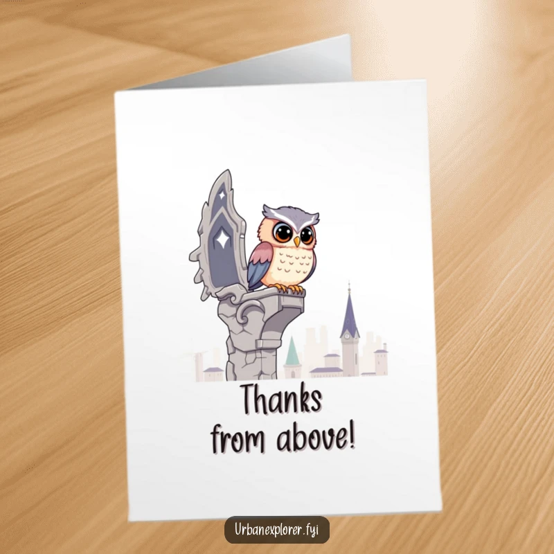 Funny Free Printable Thank You Card: A kawaii owl perched on a crumbling gargoyle, overlooking the city, conveying thanks.