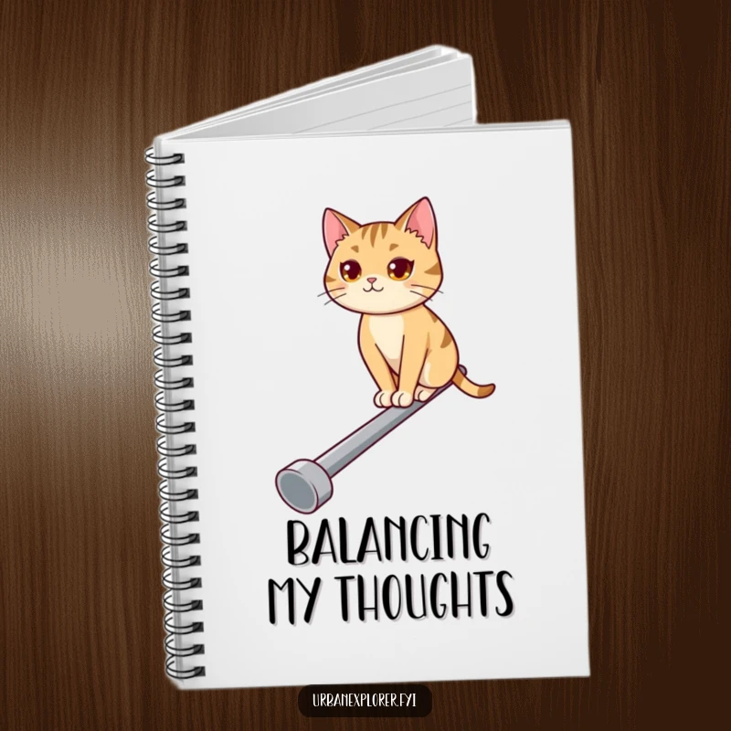 Funny notebook with a determined cat balancing on a pipe, perfect for sketching, writing, and keeping your thoughts aligned.