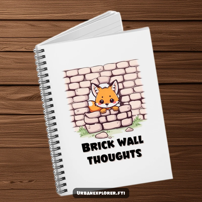 Funny Kawaii fox notebook with a cute fox peeking from a brick wall, inspiring creativity and joy.