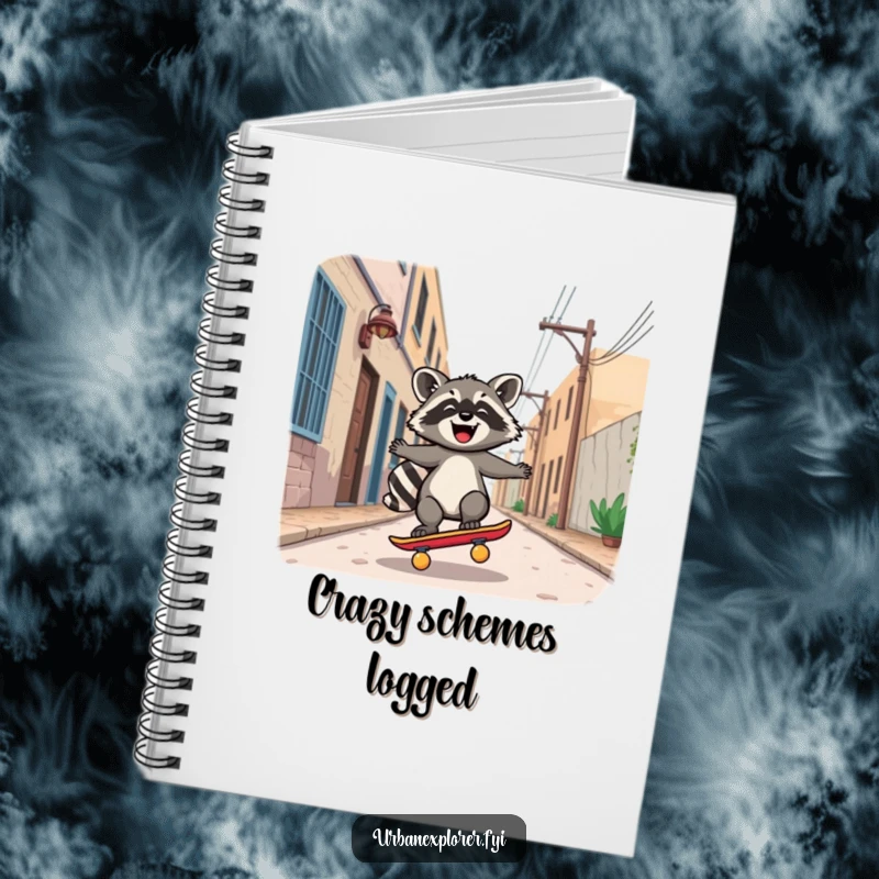 Funny Notebook: Joyful Kawaii raccoon character riding a skateboard down a deserted alley, perfect for notes and sketches.