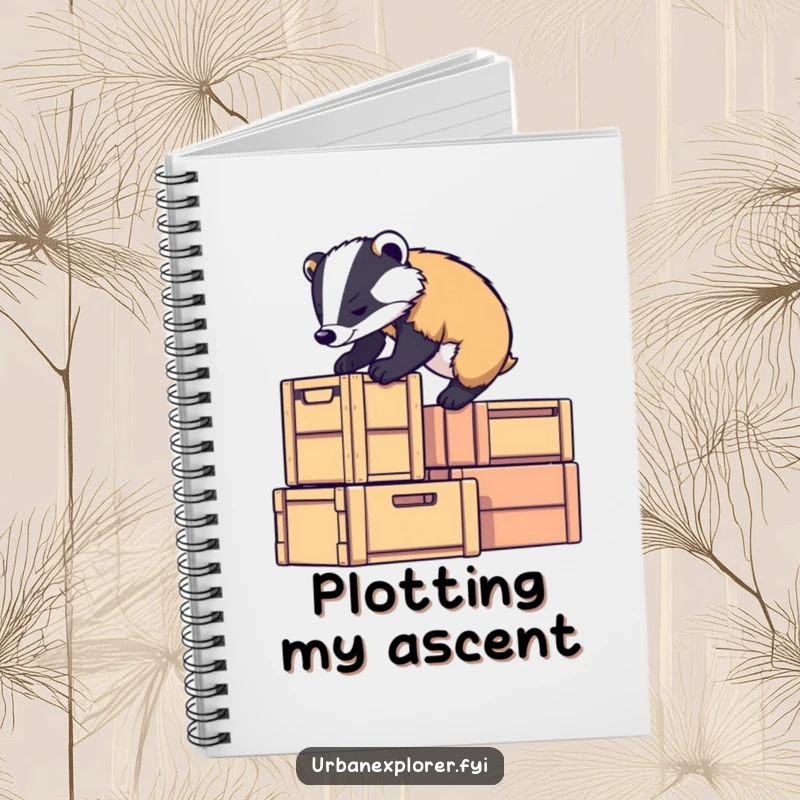 Funny badger character climbing stacked crates with determination, designed for goal setting, a funny gift notebook.
