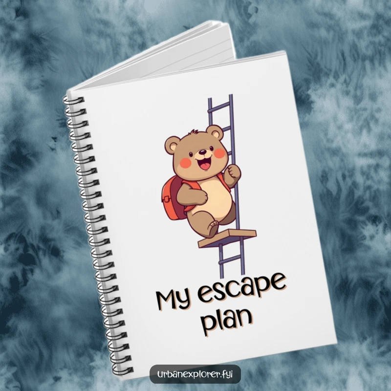 Funny notebook with a gleeful bear and backpack climbing a fire escape, providing a humorous cover for notes and ideas.