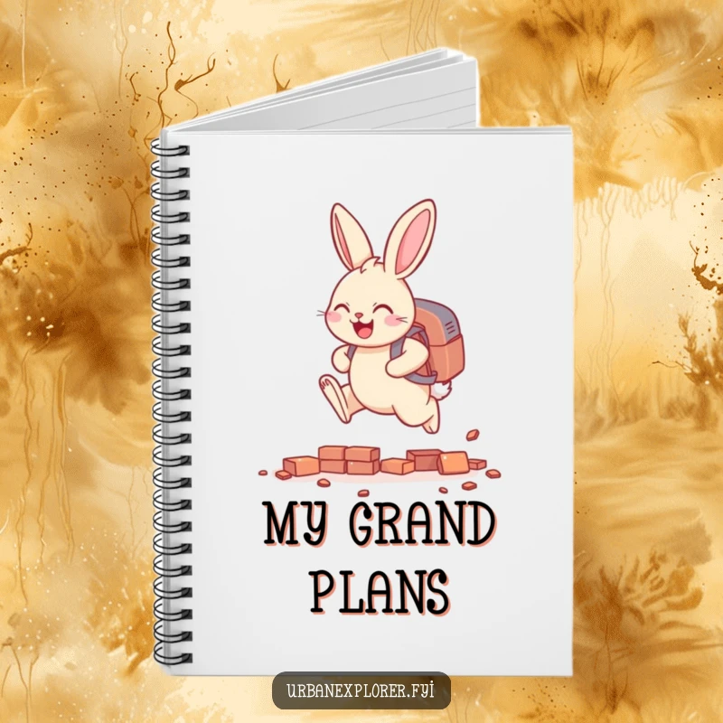 Funny smiling bunny with a backpack, leaping over tiny scattered bricks, a humorous notebook for planning and notes.