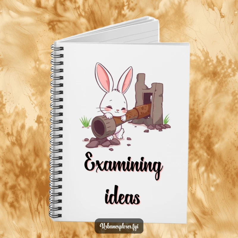 Funny notebook with a curious bunny examining a rusty pipe, ideal for jotting down observations and ideas.