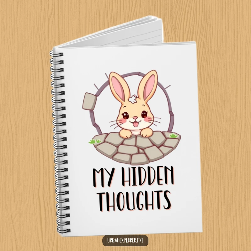 Funny bunny notebook: a cheerful bunny peeking through a cracked pavement grate, designed for capturing curious thoughts and creative ideas.
