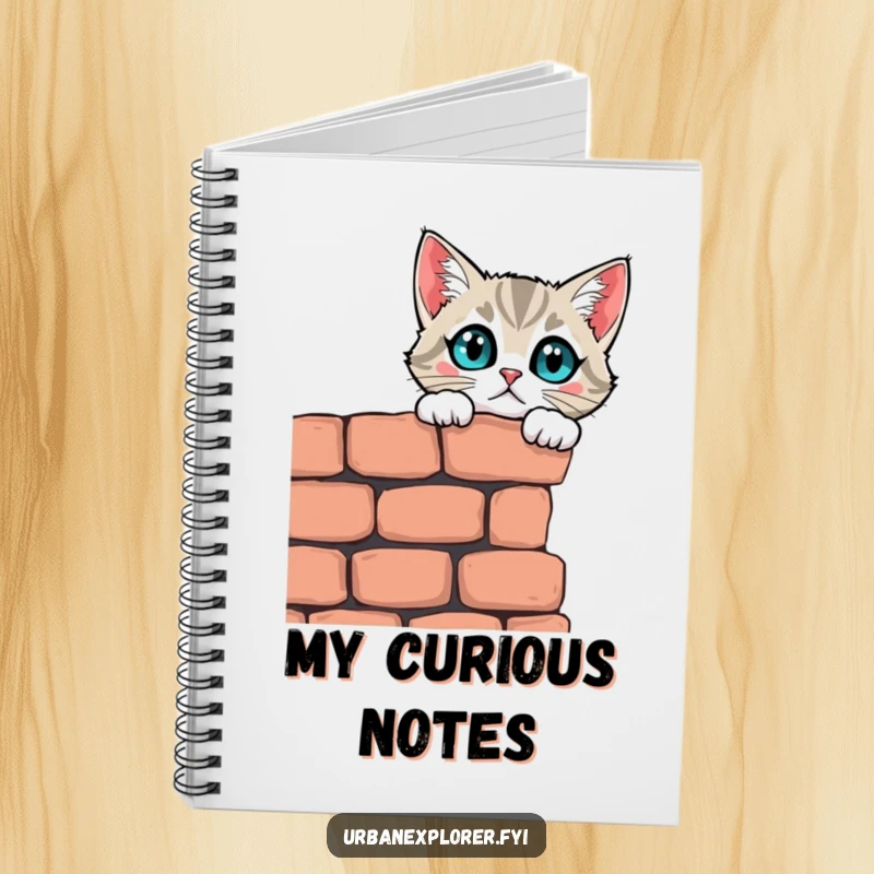 Funny curious cat looking over a brick wall on a notebook cover, a humorous and functional item.