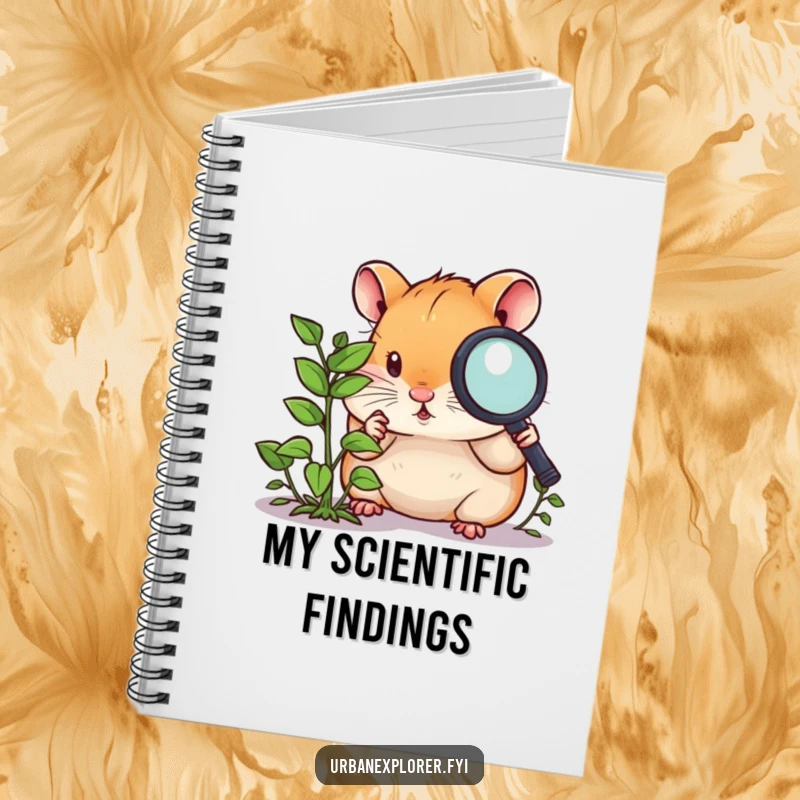 Funny hamster notebook, a curious hamster with a magnifying glass, examining a tiny overgrown weed, a journal for notes.