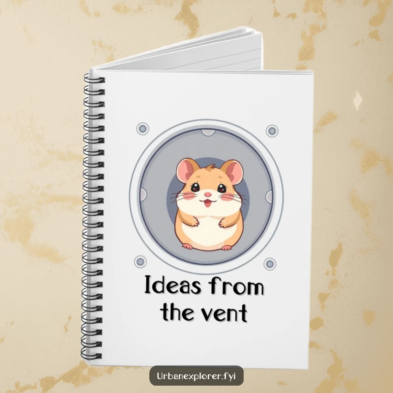 Funny, cheerful hamster peeking from a ventilation shaft, on a notebook cover.