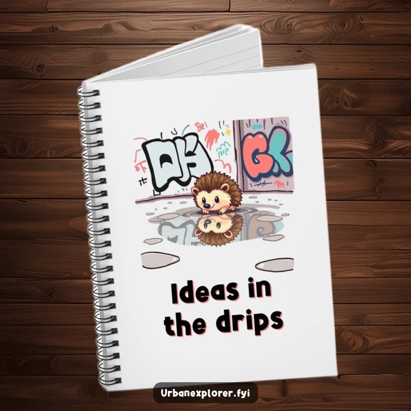 Funny curious hedgehog reflected in a puddle near a graffiti-covered wall, featured on the cover of a notebook.