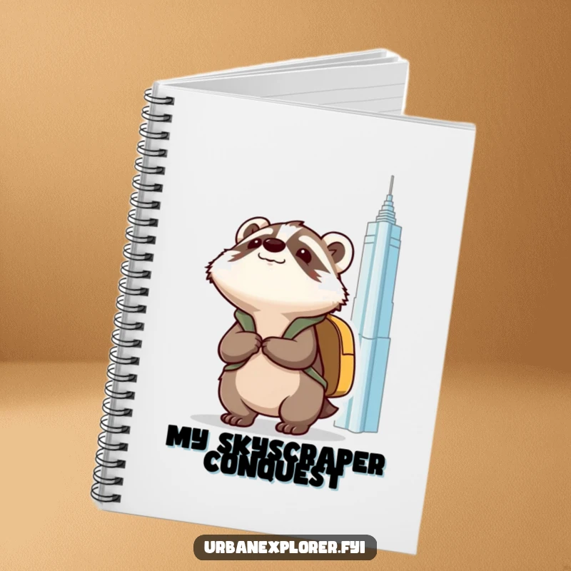 Funny Kawaii badger with a backpack, looking up at a towering building, on the cover of a lined notebook.