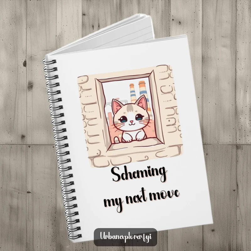 Funny kawaii cat peeking through a broken window of an old factory, on the cover of a lined notebook, perfect for a funny gift.