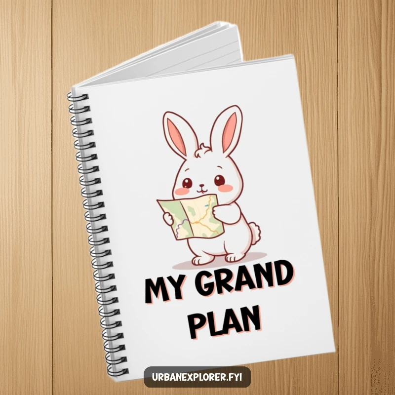 Funny Kawaii rabbit notebook with a rabbit holding a map and pointing forward, encouraging planning and exploration.
