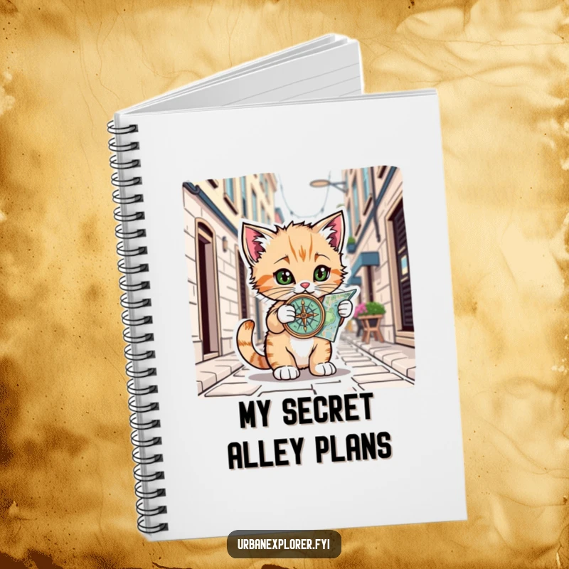 Funny Kitten Alley Notebook: Kitten with compass on a city map, ideal for jotting down urban notes with a humorous flair, funny gift.