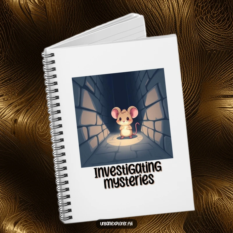 Funny Notebook: A tiny mouse with a headlamp shines its beam into a dark alleyway, inspiring exploration.