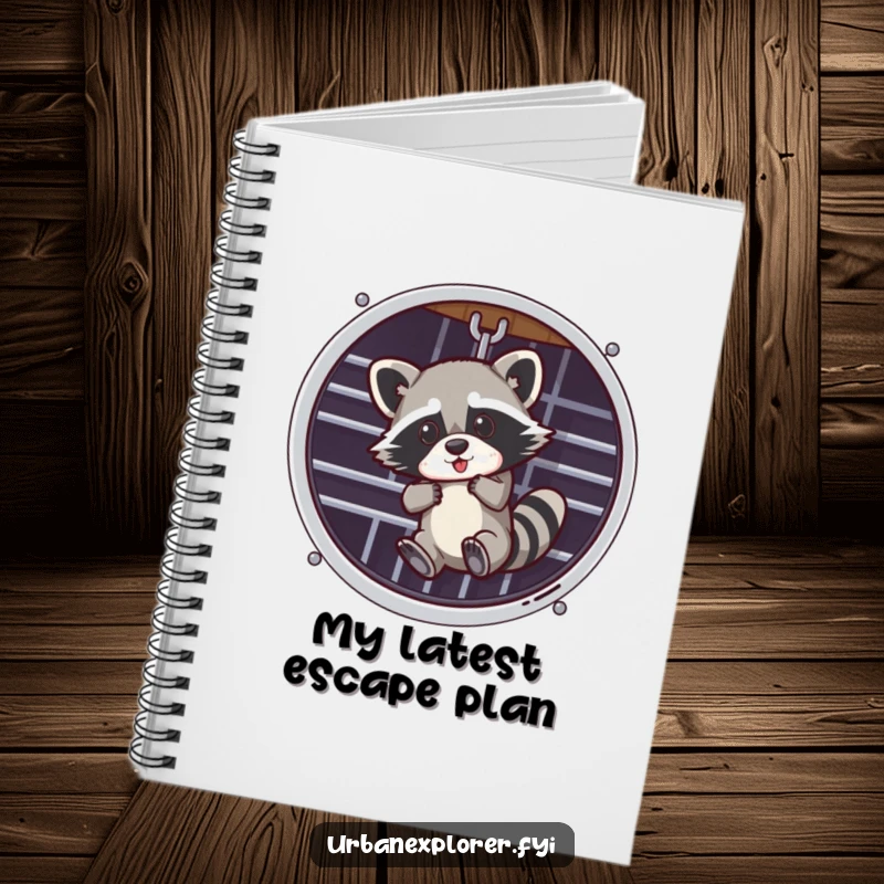 Funny notebook with a raccoon dangling from a ventilation grate, suitable for jotting down notes with a humorous flair.