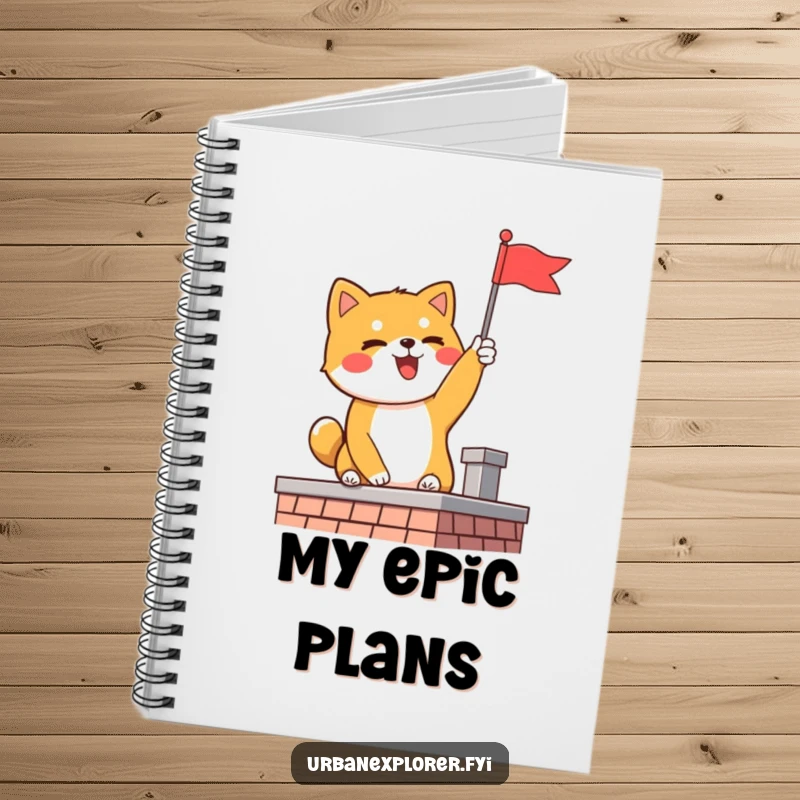 Funny Shiba Inu notebook featuring a delighted dog planting a flag on a rooftop, perfect for noting winning ideas.