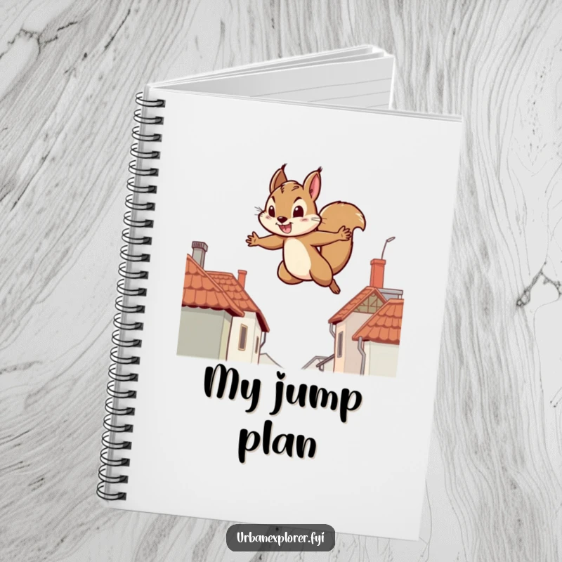 Funny notebook with a determined squirrel leaping between rooftops, ideal for jotting down goals and plans.