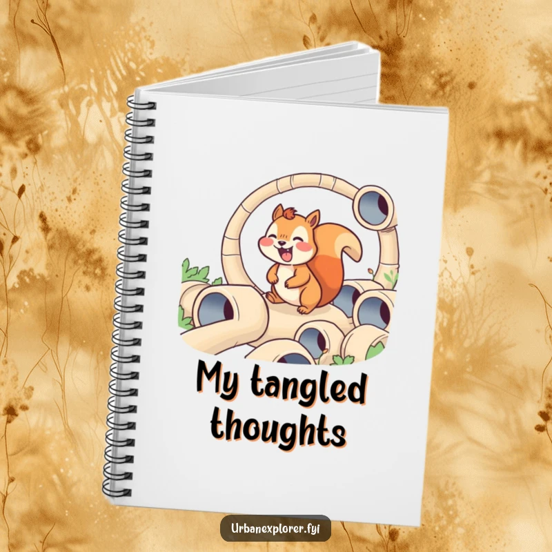 Funny notebook with a joyful squirrel navigating a maze of tiny pipes, providing a humorous cover for all your thoughts and plans.