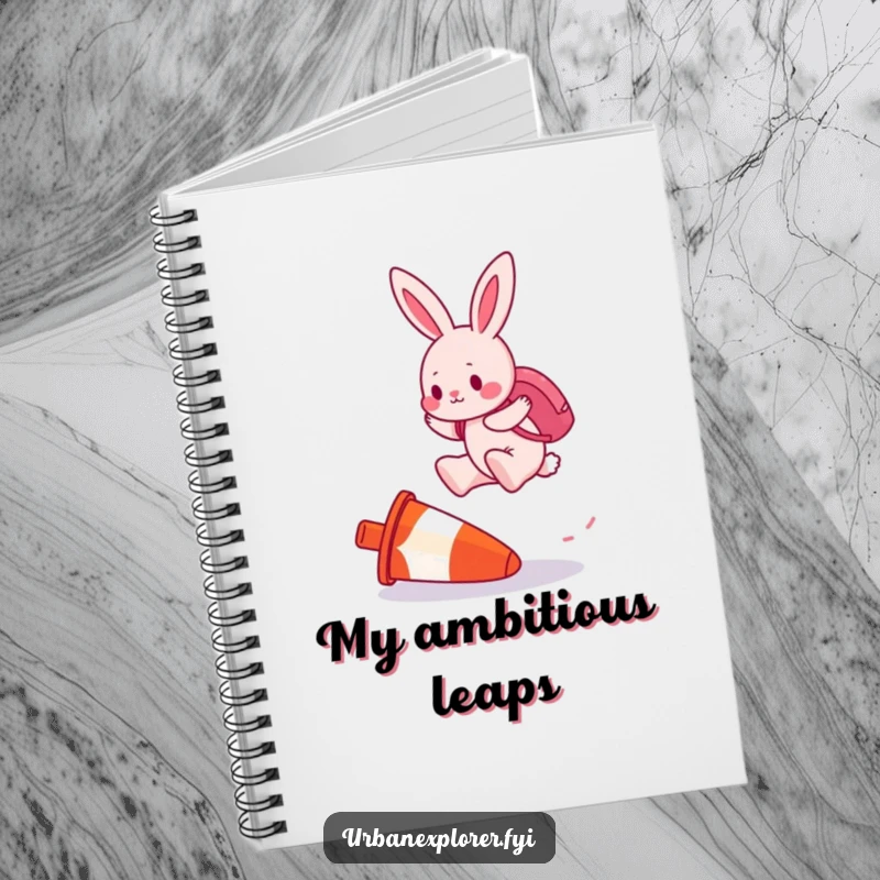 Funny notebook cover with a determined pink bunny wearing a backpack, jumping over an upside-down traffic cone.