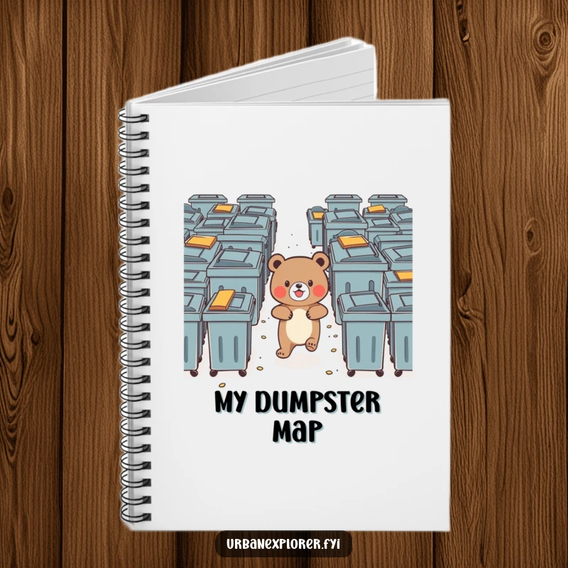 Funny bear bravely navigating a maze of dumpsters with delight, on a notebook cover.