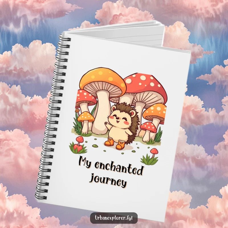 Funny Notebook: A happy hedgehog wearing tiny boots excitedly explores giant, colorful mushrooms, inspiring creativity.