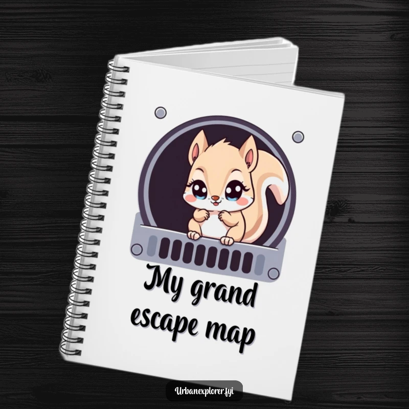 Funny Kawaii squirrel peeking into a ventilation grate on the cover of a lined notebook.