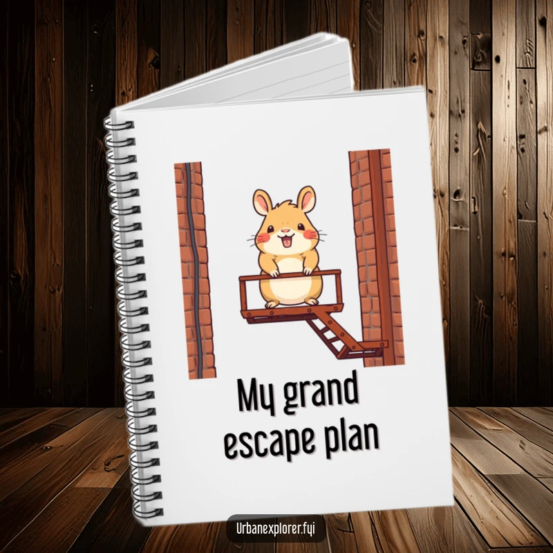 Funny notebook cover featuring a happy capybara character balancing on a fire escape, inspiring creative thoughts.