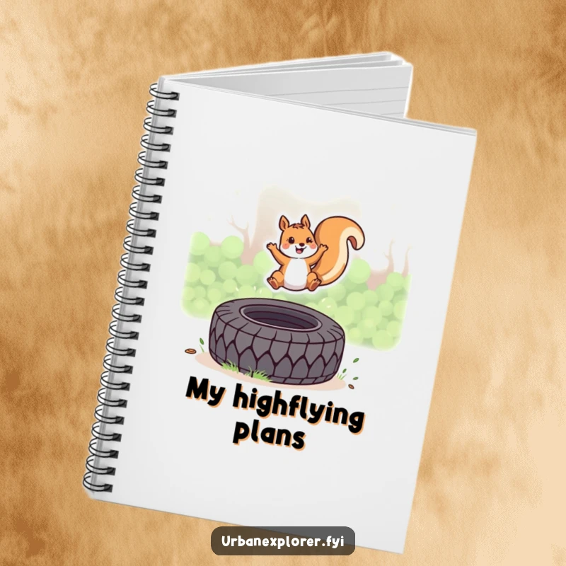 Funny Kawaii Squirrel Notebook, cute squirrel leaping over a tire, for notes and ideas, perfect funny gift.