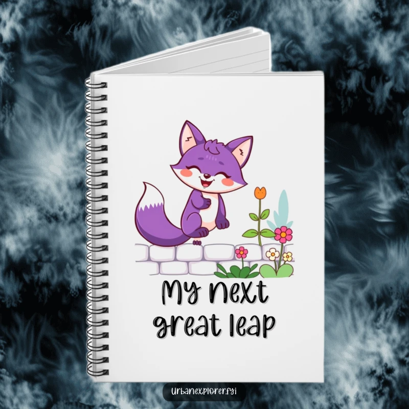 Funny purple fox with a determined grin climbing a garden wall, adorning a notebook for capturing thoughts and ideas.