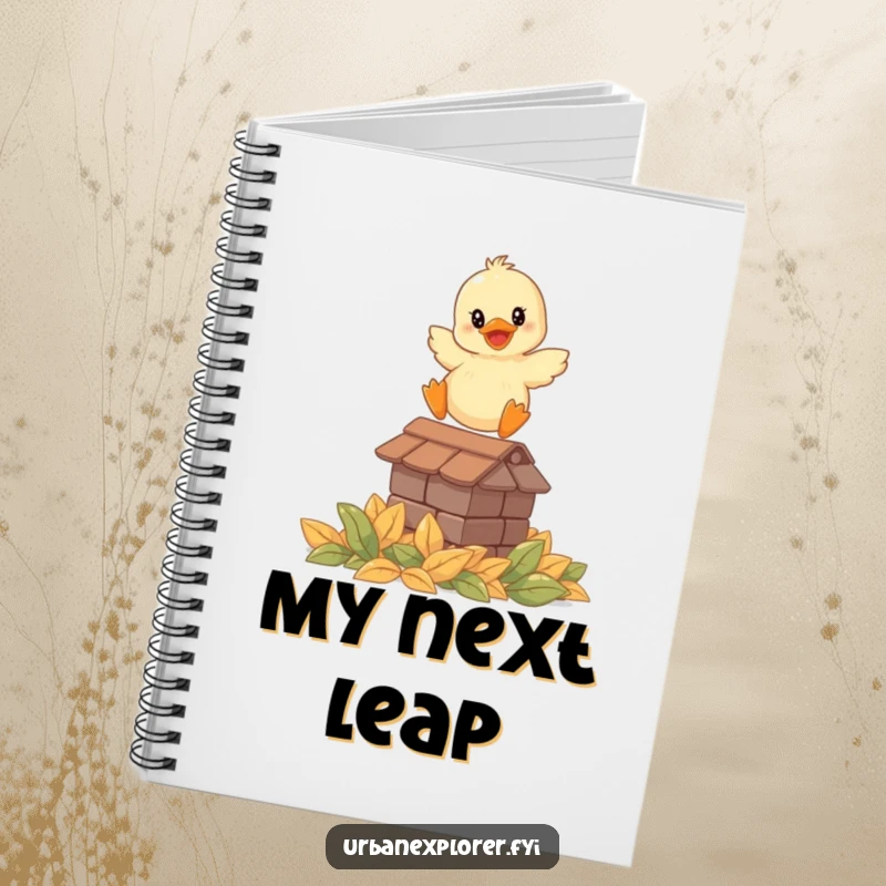 Funny notebook with a smiling duckling leaping from a rooftop onto leaves, offering space for notes and a dose of cheer.