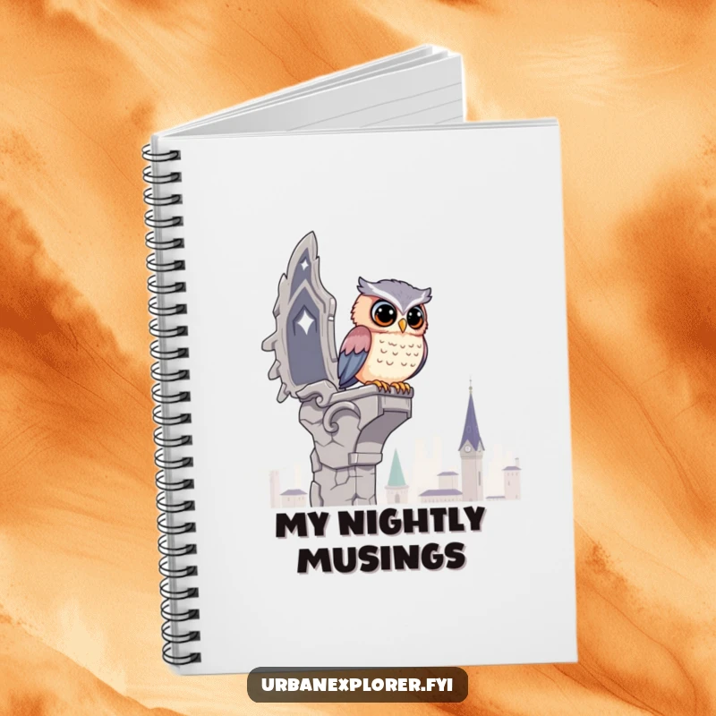 Funny Kawaii Owl Notebook: A cute owl surveys the city from a crumbling gargoyle, perfect for journaling wise and funny thoughts.