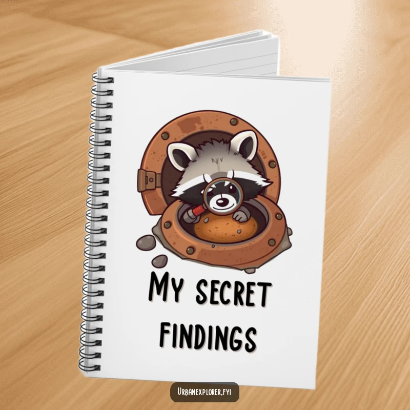 Funny kawaii notebook with a raccoon peering into a rusty manhole with a magnifying glass, ready to jot down clues.
