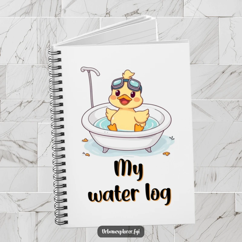 Funny Kawaii duck with goggles, floating in a bathtub, on the cover of a lined notebook.
