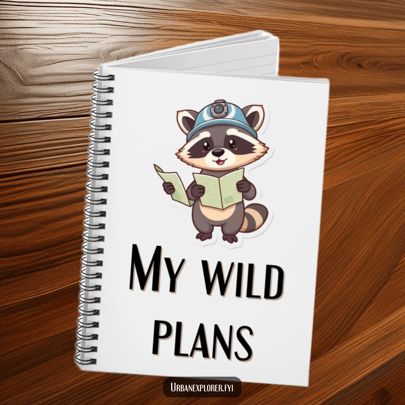 Funny notebook with a helmeted raccoon holding a map and pointing, ideal for jotting down adventure plans and ideas.