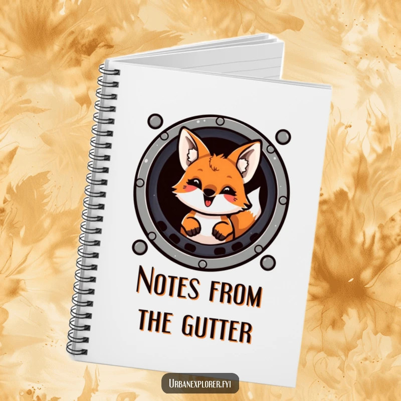 Funny mischievous fox with a playful grin emerging from a sewer grate, on the cover of a notebook.