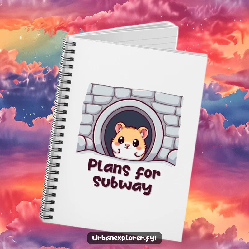 Funny Kawaii Hamster Notebook: A wide-eyed kawaii hamster discovers a hidden subway entrance, perfect for journaling funny adventures.