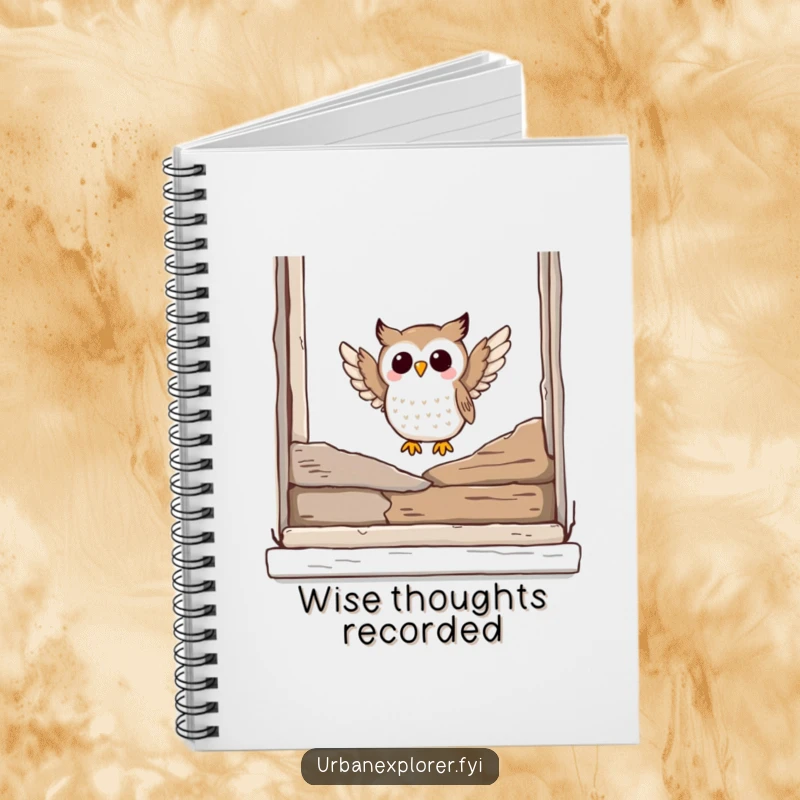 Funny owl notebook with a joyful owl landing on a broken window ledge, ideal for note-taking and creative writing.