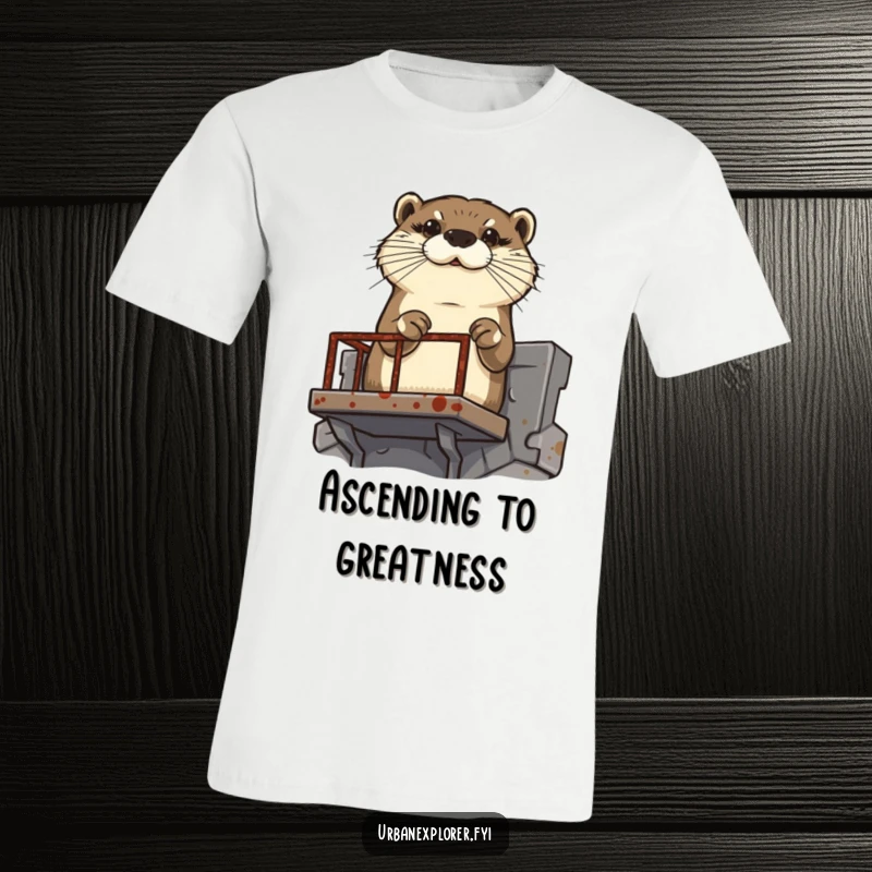 Funny determined otter scaling a rusty fire escape, printed on a unique graphic t-shirt.