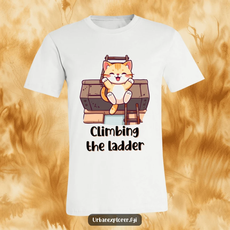 Funny Kawaii cat t-shirt featuring a cheerful cat swinging from a rusty fire escape ladder with joyful abandon.