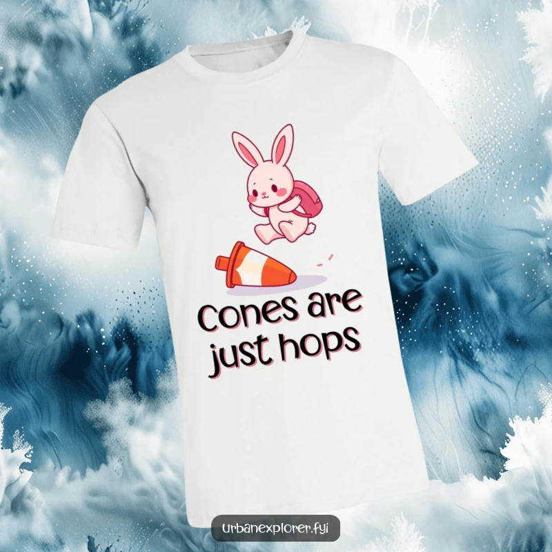 Funny pink bunny t-shirt depicting a determined rabbit with a backpack, leaping over a discarded, upside-down traffic cone.