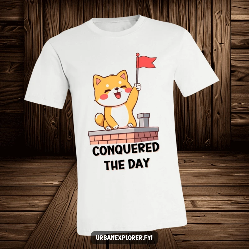 Funny Shiba Inu t-shirt featuring a delighted dog planting a flag on a rooftop, exuding pure triumph and happiness.