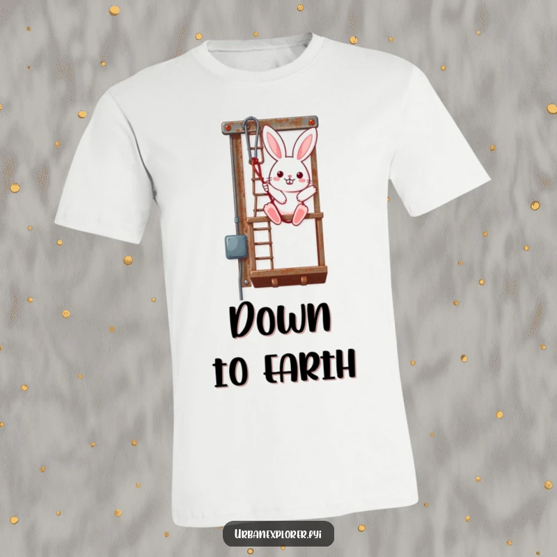 Funny Kawaii Bunny T-Shirt, cute bunny rappelling down a rusty fire escape, adventurous and bold illustration, perfect funny gift.