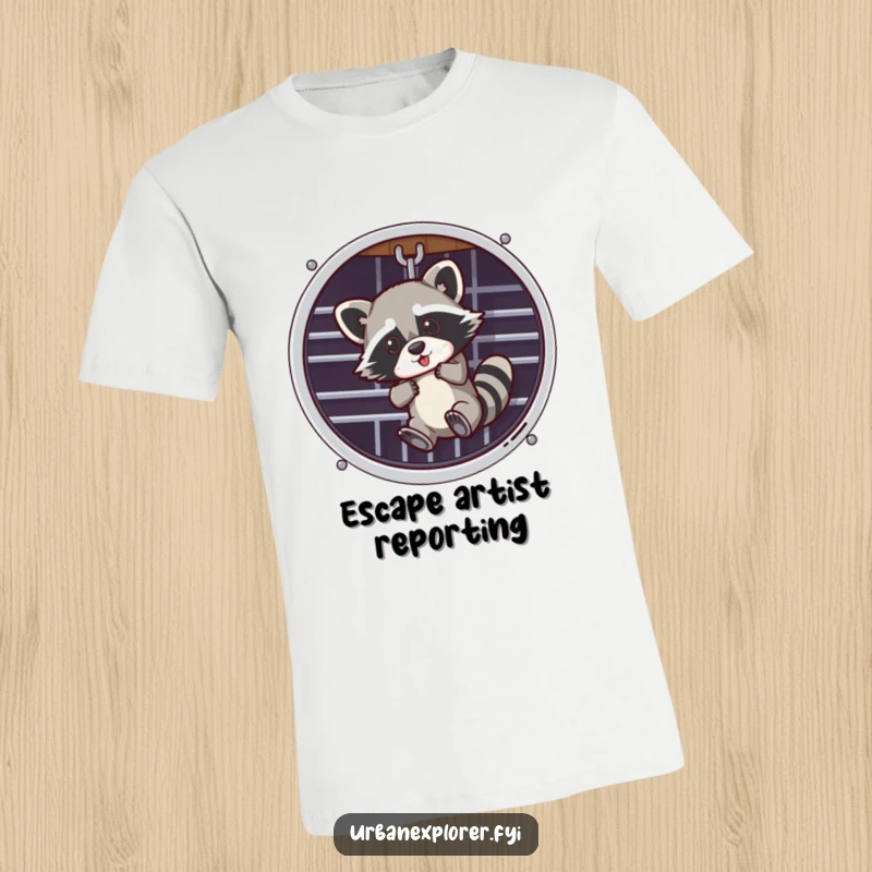 Funny t-shirt showing a mischievous raccoon dangling from a loose ventilation grate, highlighting playful escape.