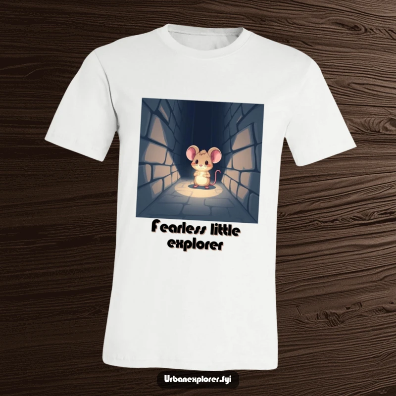Funny T-Shirt: A tiny mouse wearing a headlamp bravely shines its light into a dark, mysterious alley.