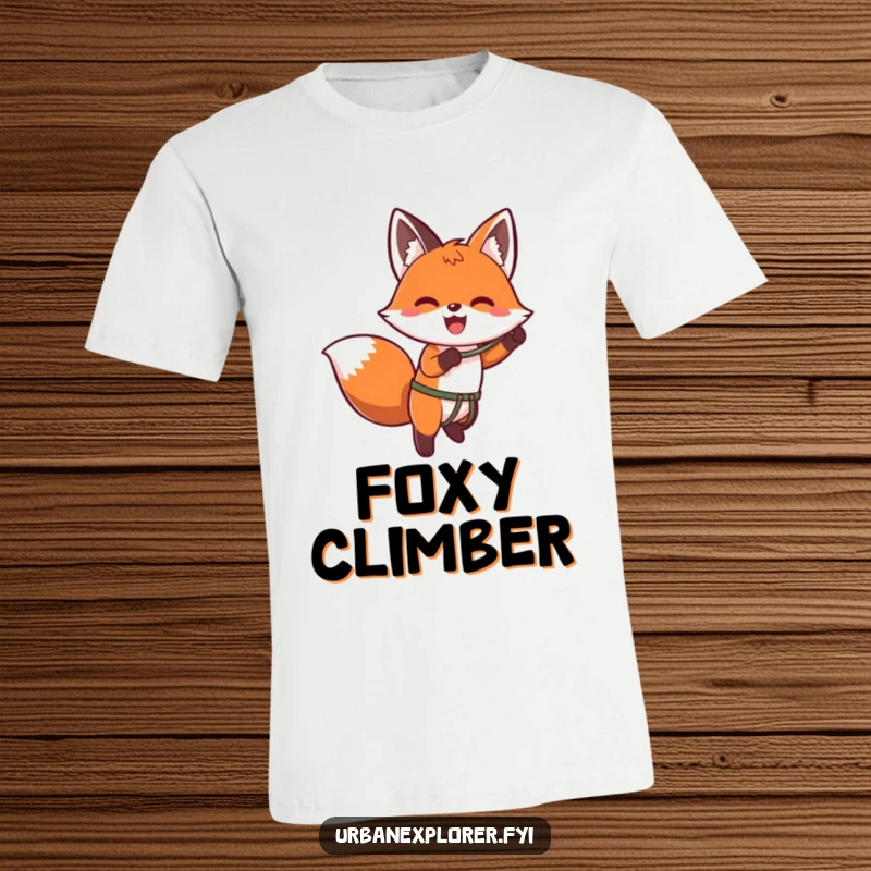 Funny kawaii t-shirt showcasing an enthusiastic fox using a grappling hook to climb a wall, embodying playful adventure.