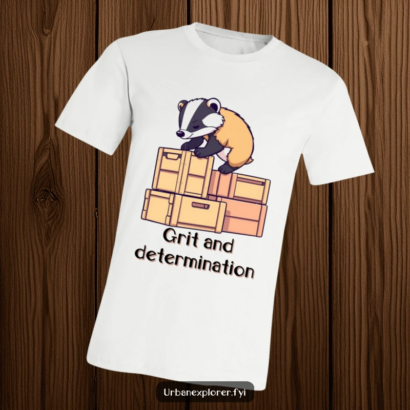 Funny badger character determinedly climbing stacked crates, representing hard work and focus, perfect for a funny gift tee.