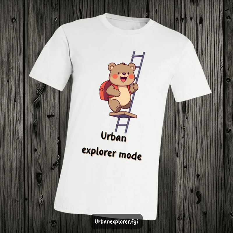 Funny t-shirt depicting a gleeful bear with a backpack, confidently climbing a fire escape. A whimsical and humorous outdoor scene.