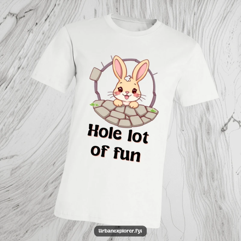Funny bunny t-shirt: a cheerful bunny peeking through a cracked pavement grate, representing curiosity, discovery, and playful spirit.